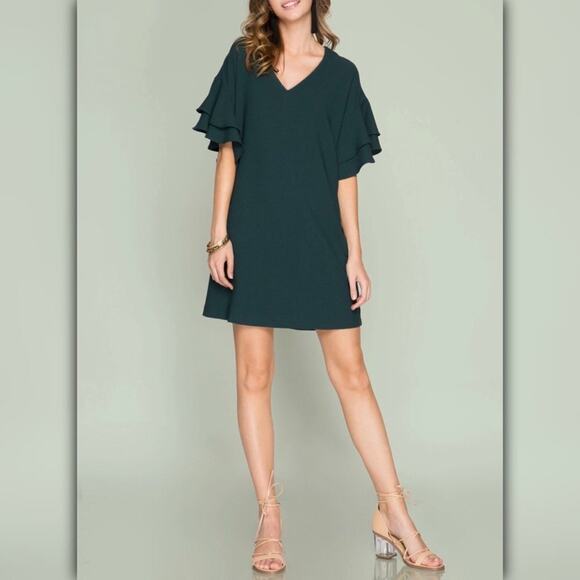 A066 ☼ Hunter Green Ruffle Sleeve Shift Dress – V-Neck Relaxed Fit - Picture 1 of 6